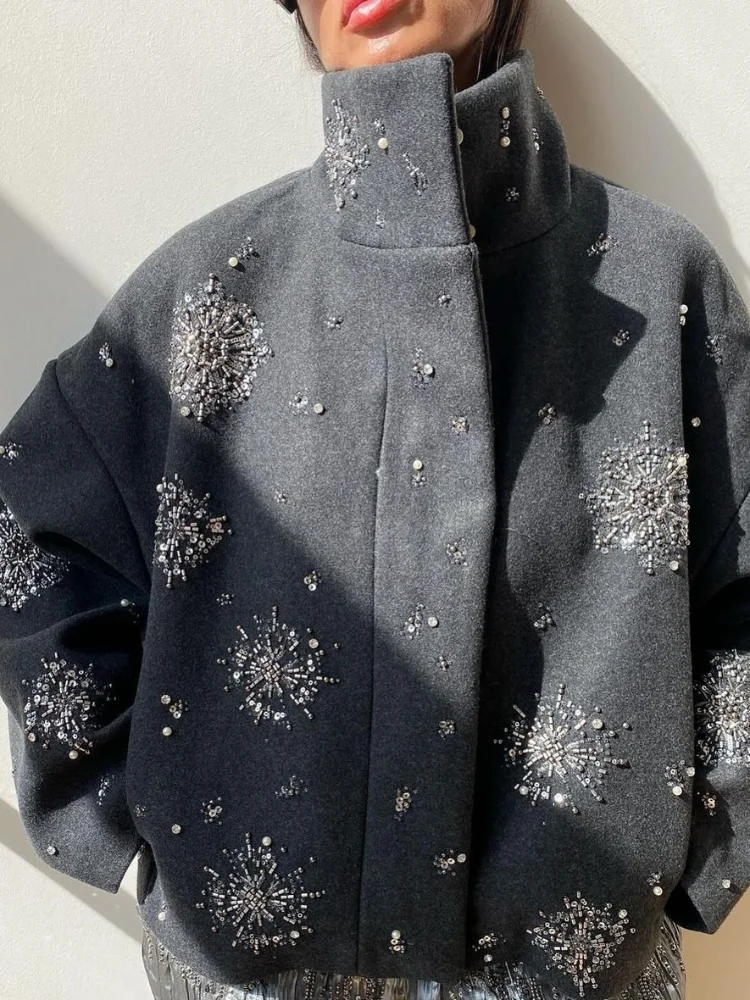 Роскошное шикарное пальто с бисером женское свободное однобортное шерстяное