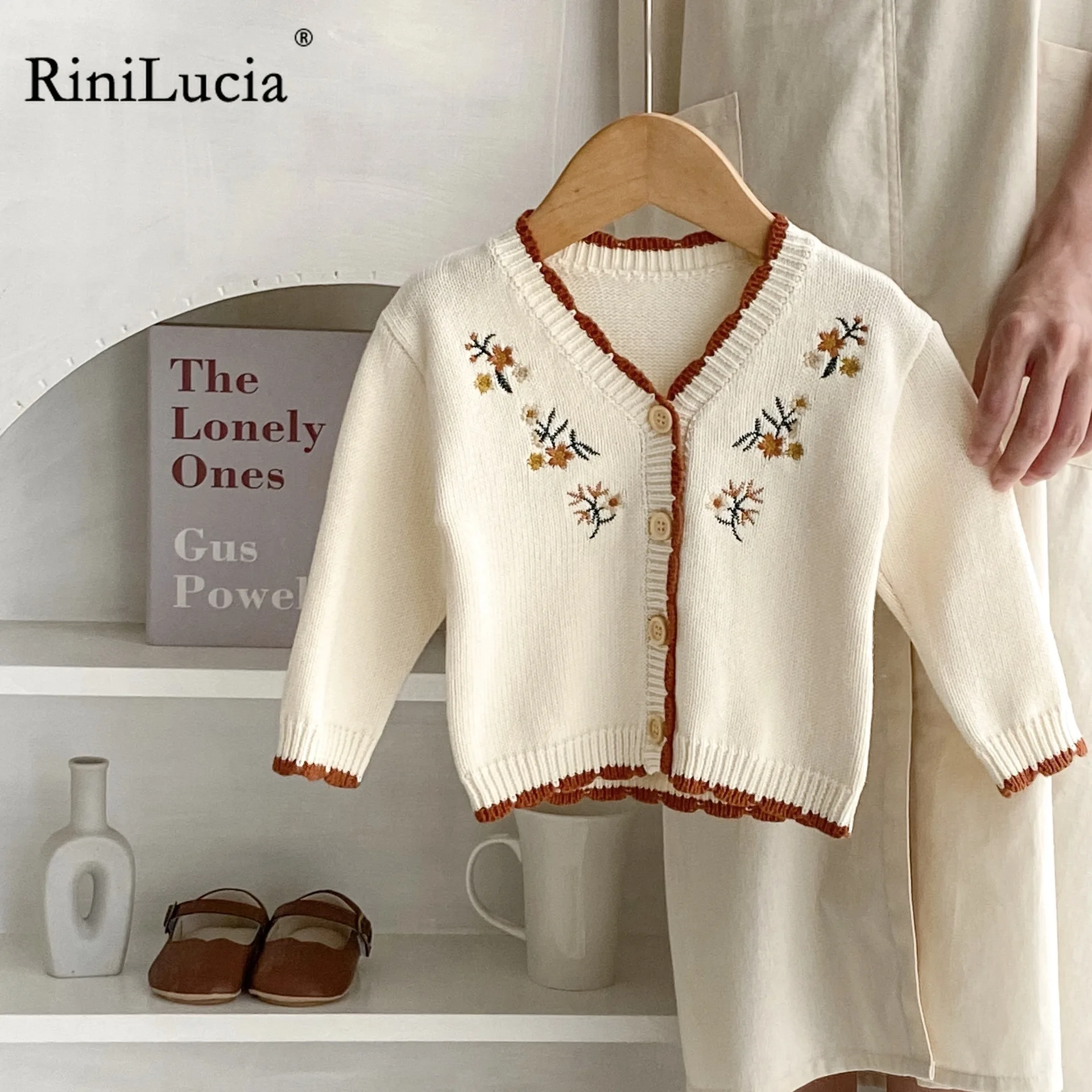 

RiniLucia Girls Sweaters Coat Autumn Winter Kids Baby Clothing Loose Jacket Clothes Floral Embroidery Cardigans Girls Sweater