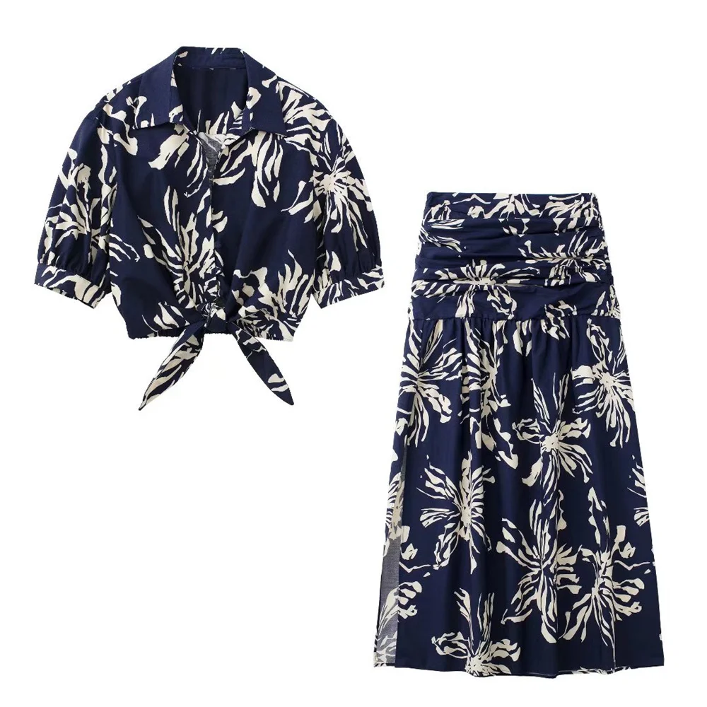 

Women's 2022 Summer New Fashion Chic Printed Pleated Skirt Retro High Waist Zipper Side Slit Female Midi Skirt Mujer