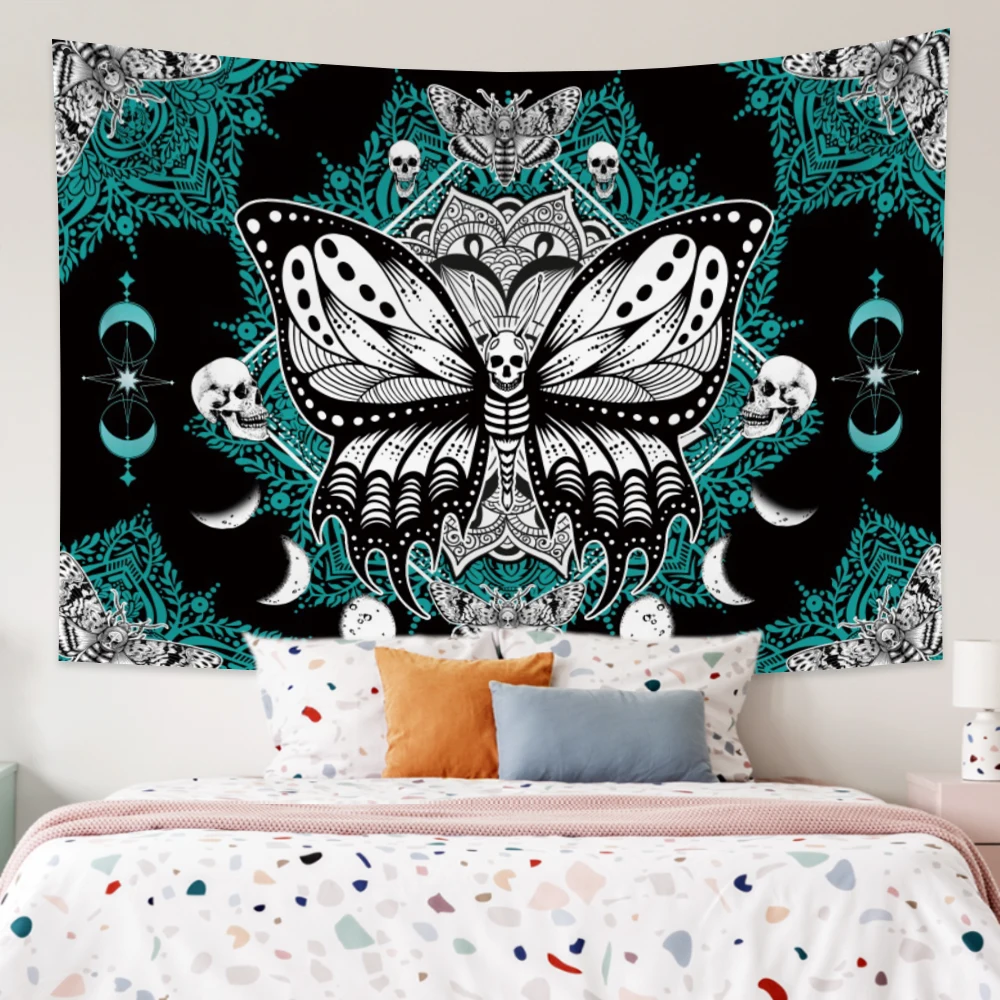 

Skull Butterfly Moon Tapestry Death Moth Gothic Skeleton Blue Mandala Psychedelic Wall Hanging Art Room Home Decor Tapestries