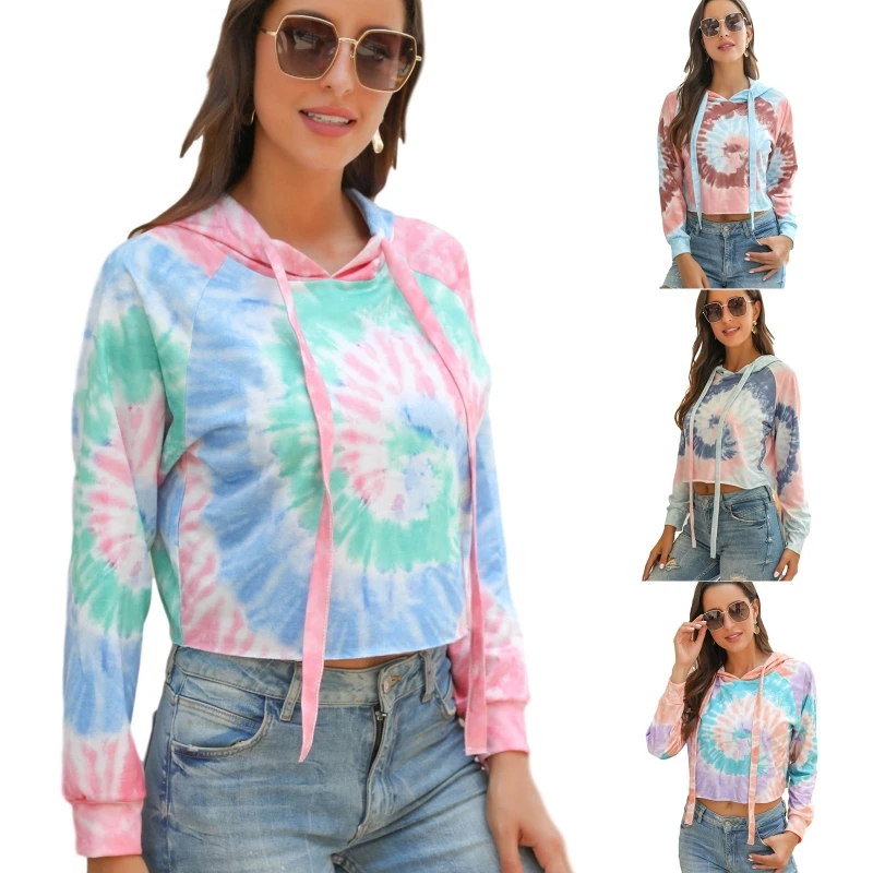 

Women Spiral Tie-Dye Cropped Sweatshirt Long Sleeve Drawstring Hoodies 10CE