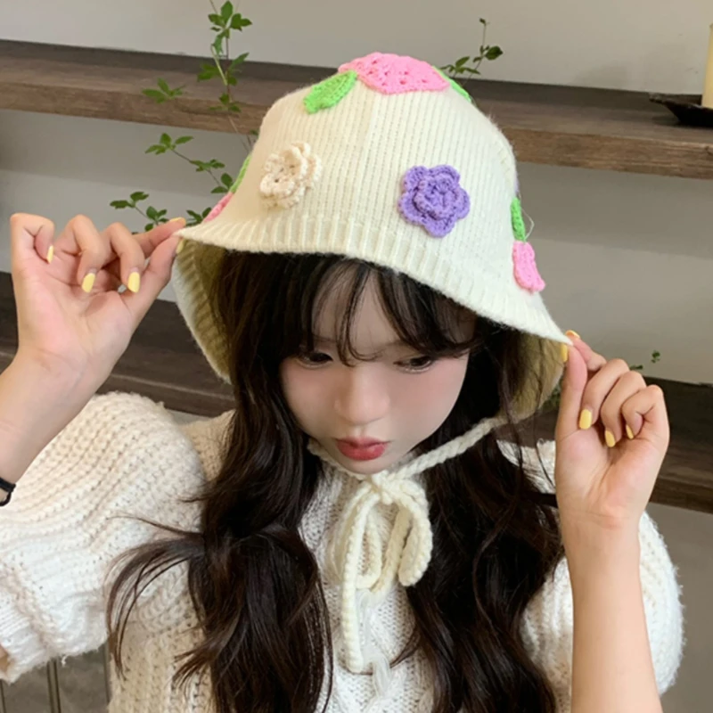 

Korean Hand-woven Flower Drawstring Beanies Caps for Women Autumn and Winter Warm Sweet Cute Ins Concave Knitted Bomber Hats