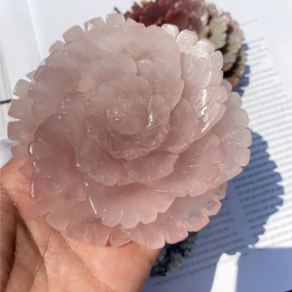 

8cm To 10cm Popular Wholesale Hand Carved Jewelry Natural Rose Quartz Crystal Peony Flower Carving Ornament For Home Decoration