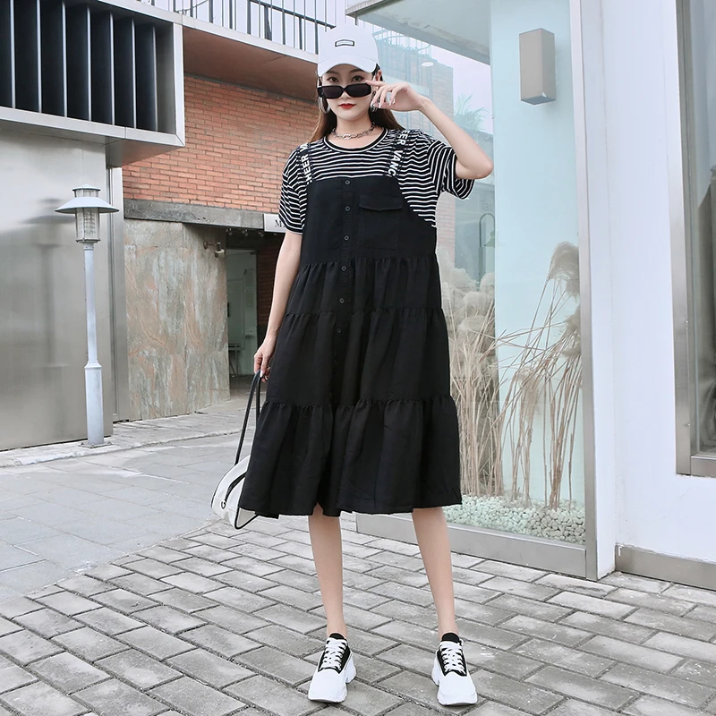

220516 Women's Dress Fake Two-piece Short Sleeve Dress 2022 Summer New Arrival Loose Casual Women Clothing