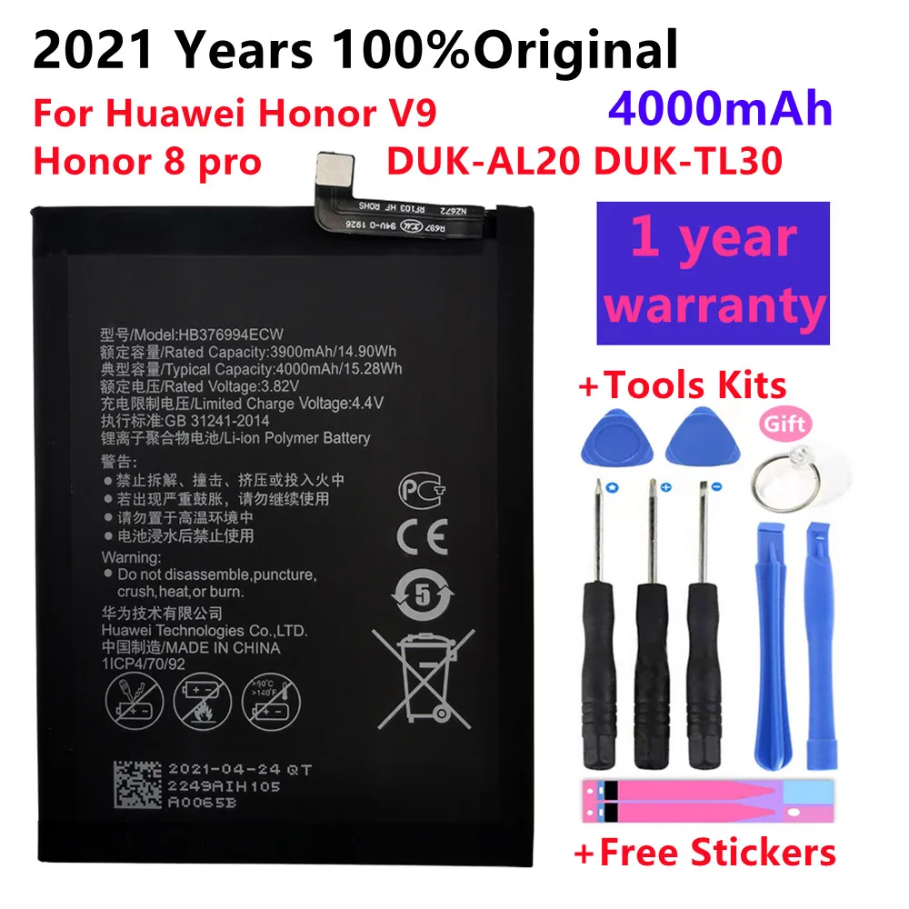 

Original Battery For Huawei honor 8 Pro Battery DUK-AL20 DUK-TL30 HB376994ECW 4000mAh Full Capacity For Huawei V9 Battery+Tools