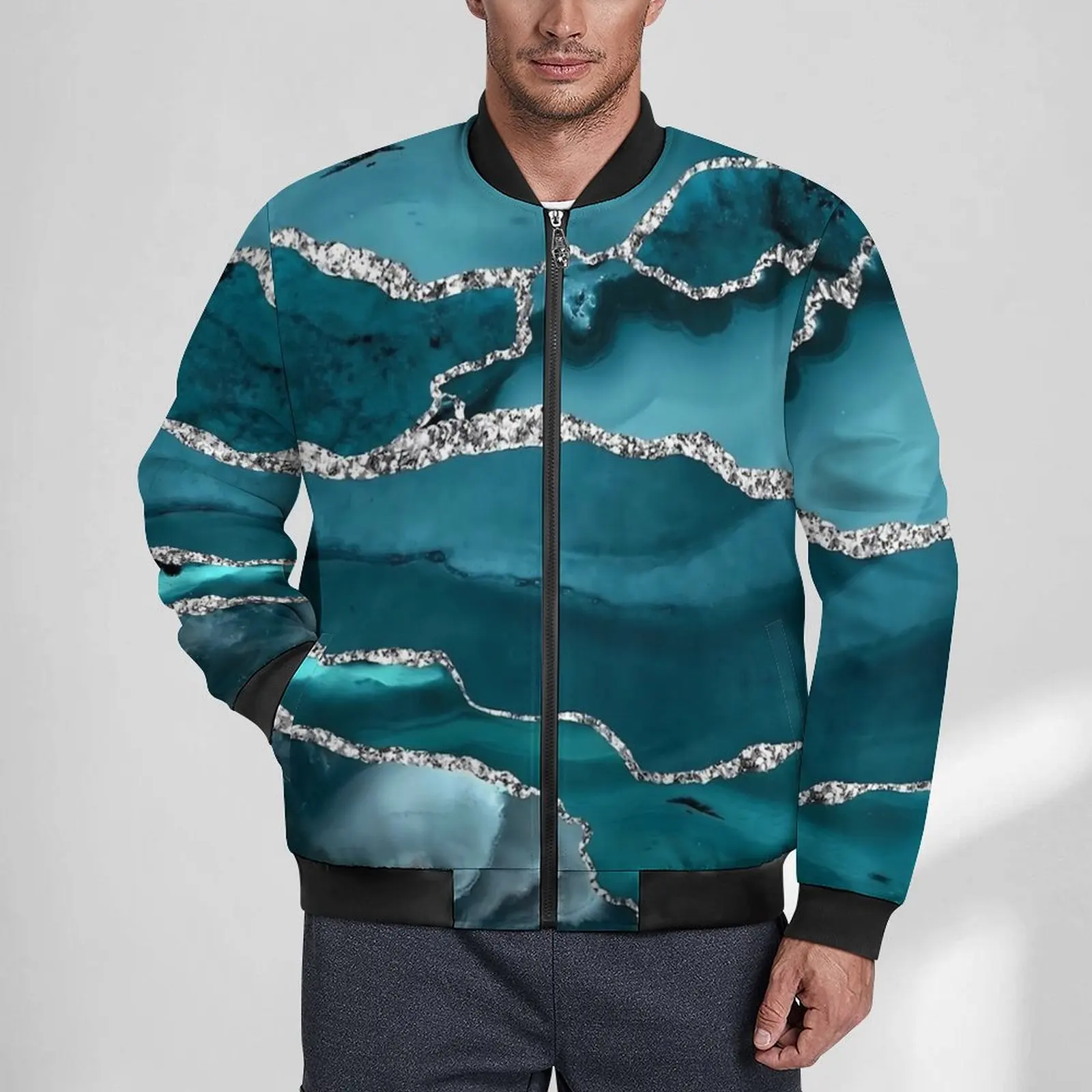 Куртки с бирюзовой искусственной мраморной текстурой мужские осенние пальто
