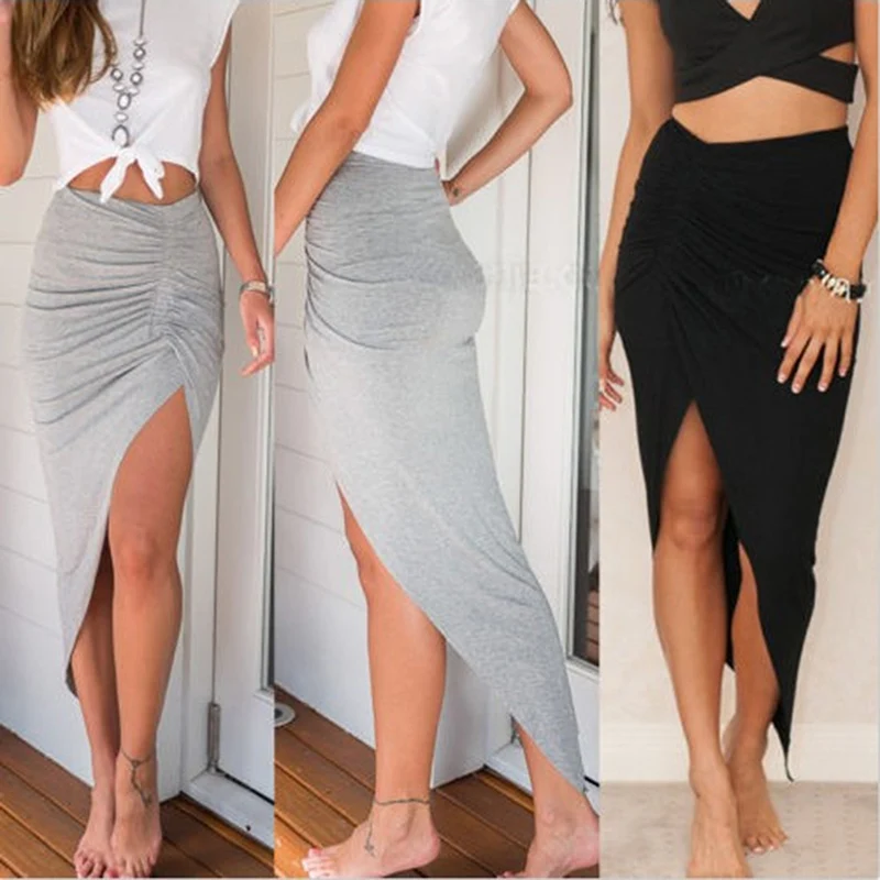 

Новые Сексуальные женские облегающие асимметричные юбки с высоким разрезом, дизайнерская плиссированная Женская облегающая длинная юбка-карандаш с разрезом