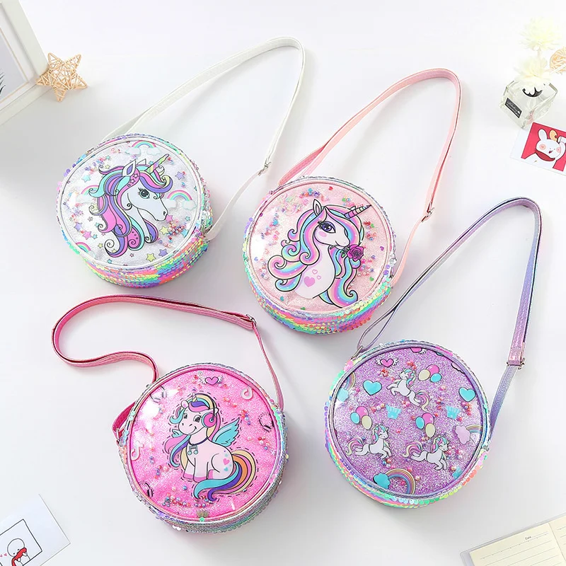 

Cute Round Shape Shoulder Bags Unicorn Colorful Sequined Purse CrossBody Messenger Coin Bag