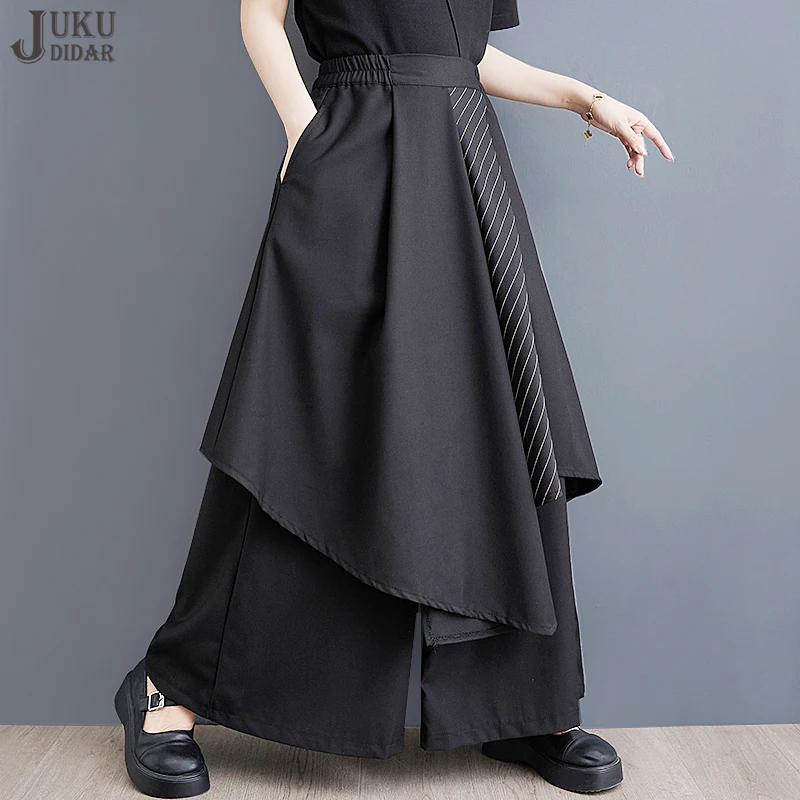 

Elastic Waist Japanese Style New 2023 Woman Black Wide Leg Pants Extra Layer Overlay Long Skirt Pants Unique Trousers JJPS025