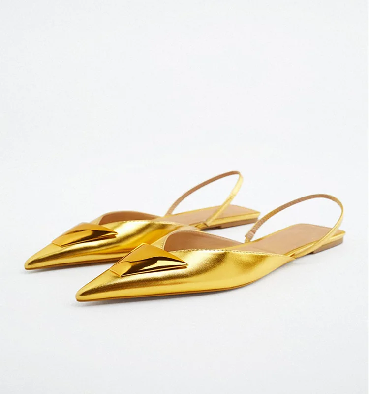 TRAF Spring Summer 2022 Flat Sandals Woman Elegant Female Casual Women Gold Shoes Luxury Mules Pointe Slingback Woman Slippers images - 6