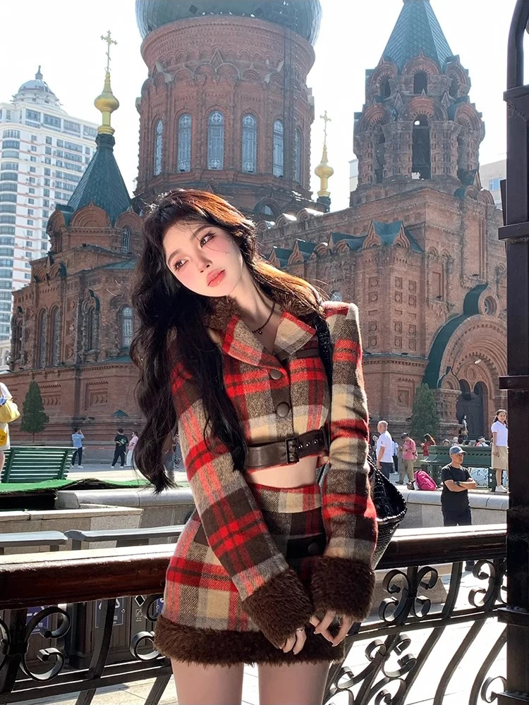 Женский блейзер и мини-юбка ReddaChic из овчины комплект 2 предметов клетчатая