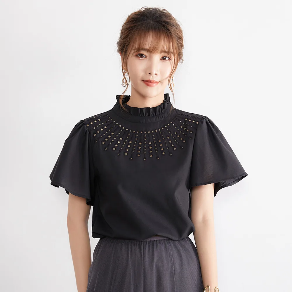 

Женская ажурная блузка с воротником-стойкой, черная Повседневная офисная модная шикарная рубашка, облегающие элегантные топы в корейском и...