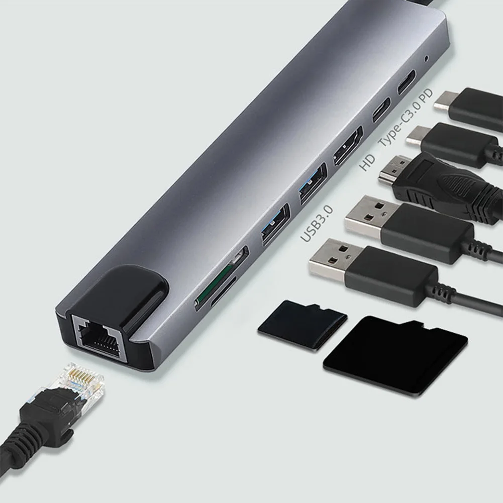 

8 в 1 USB C концентратор тип C к RJ45 Lan HDMI-совместимый адаптер PD зарядка USB 3,0 2,0 концентратор сплиттер TF SD кардридер док-станция