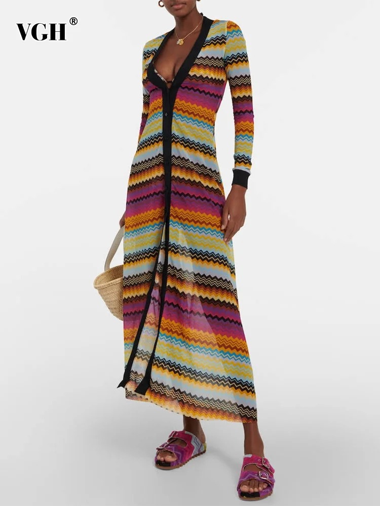 

VGH Hit Color Printing Dresses For Women V Neck Long Sleeve High Wasit Patchwork Single Breasted Slimming Long Dress Female New