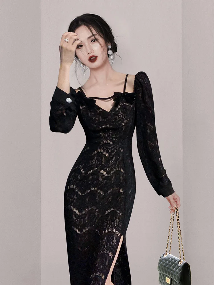 

Women 2022 spring black hot fashionable cool long-sleeved new fairy zipper high waist temperament dress vestidos female D0846