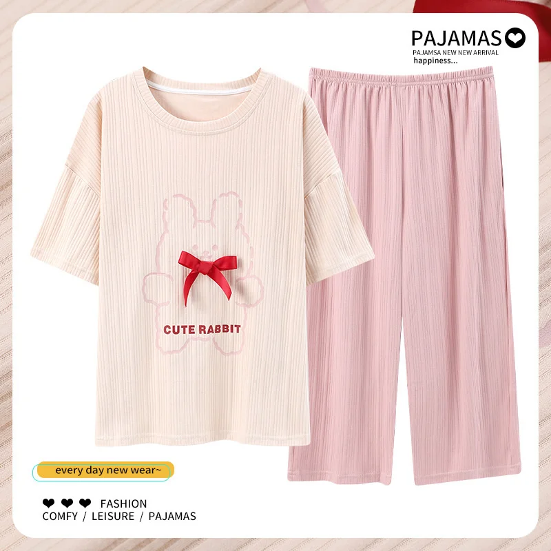 pajamas women's short sleeved capris summer new cotton round neck cute cartoon size home thin style can be worn out