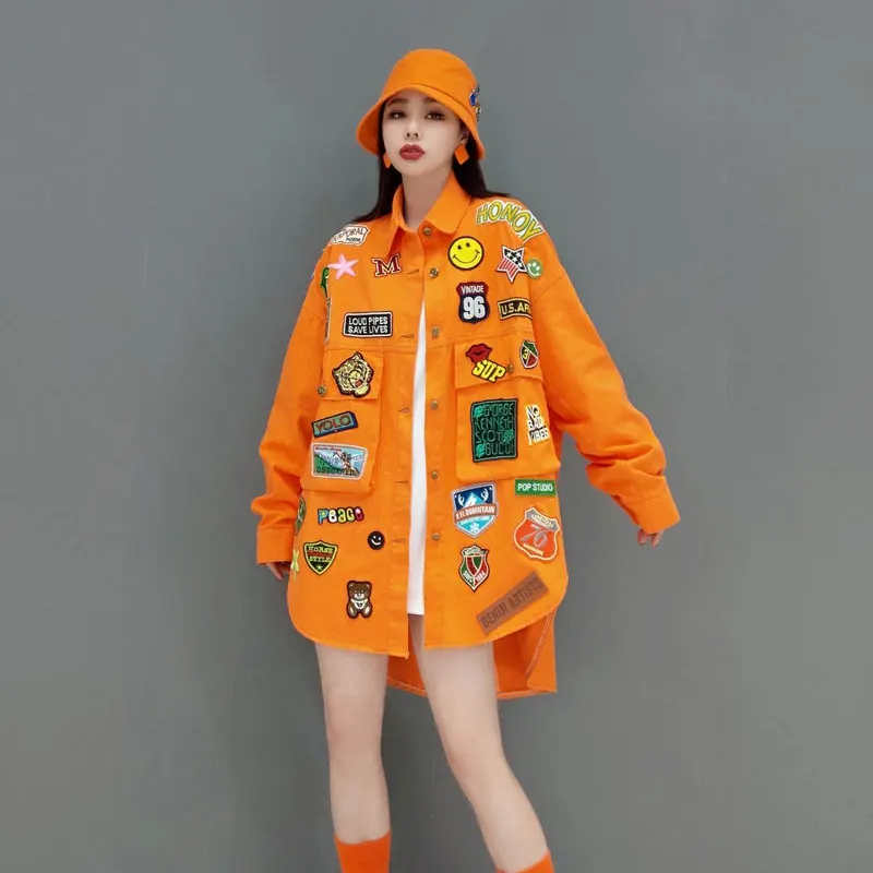 

Spring and Autumn Orange Denim Jacket Women Cartoon Letter Patches Coats and Jackets Streetwear Loose Jean Jackets