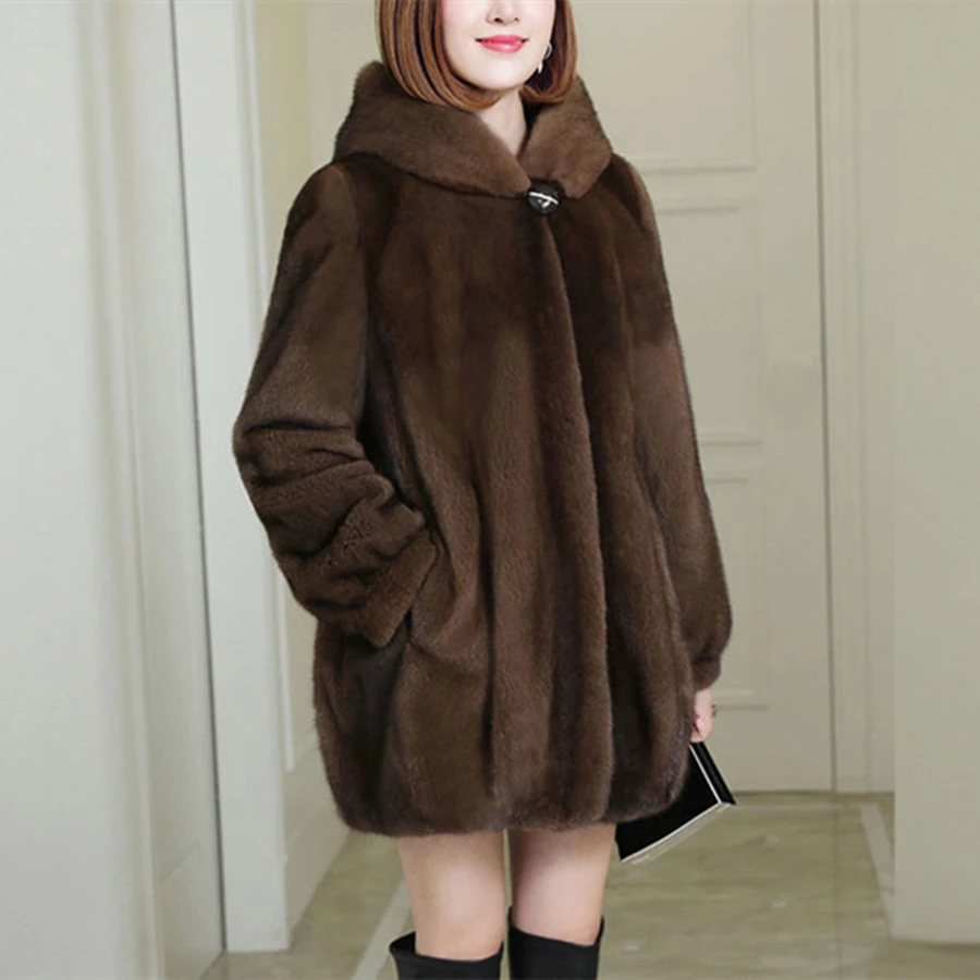 Winter Hooded Mid-length Faux Mink Fur Coat Loose Women Warm Thick Overcoat Oversized 5XL Plush Soft Parka Korean Outwear Jacket