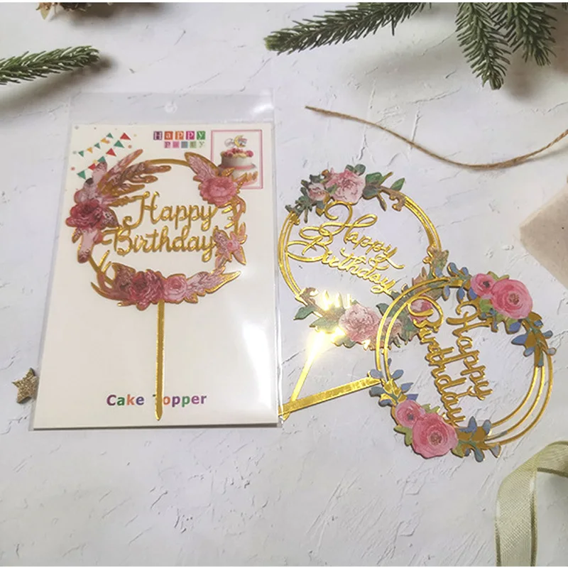 Promotional Cake Topper Acrylic Gold Mirror Cupcake Kids Birthday Party Happy Decorations Baby Shower |