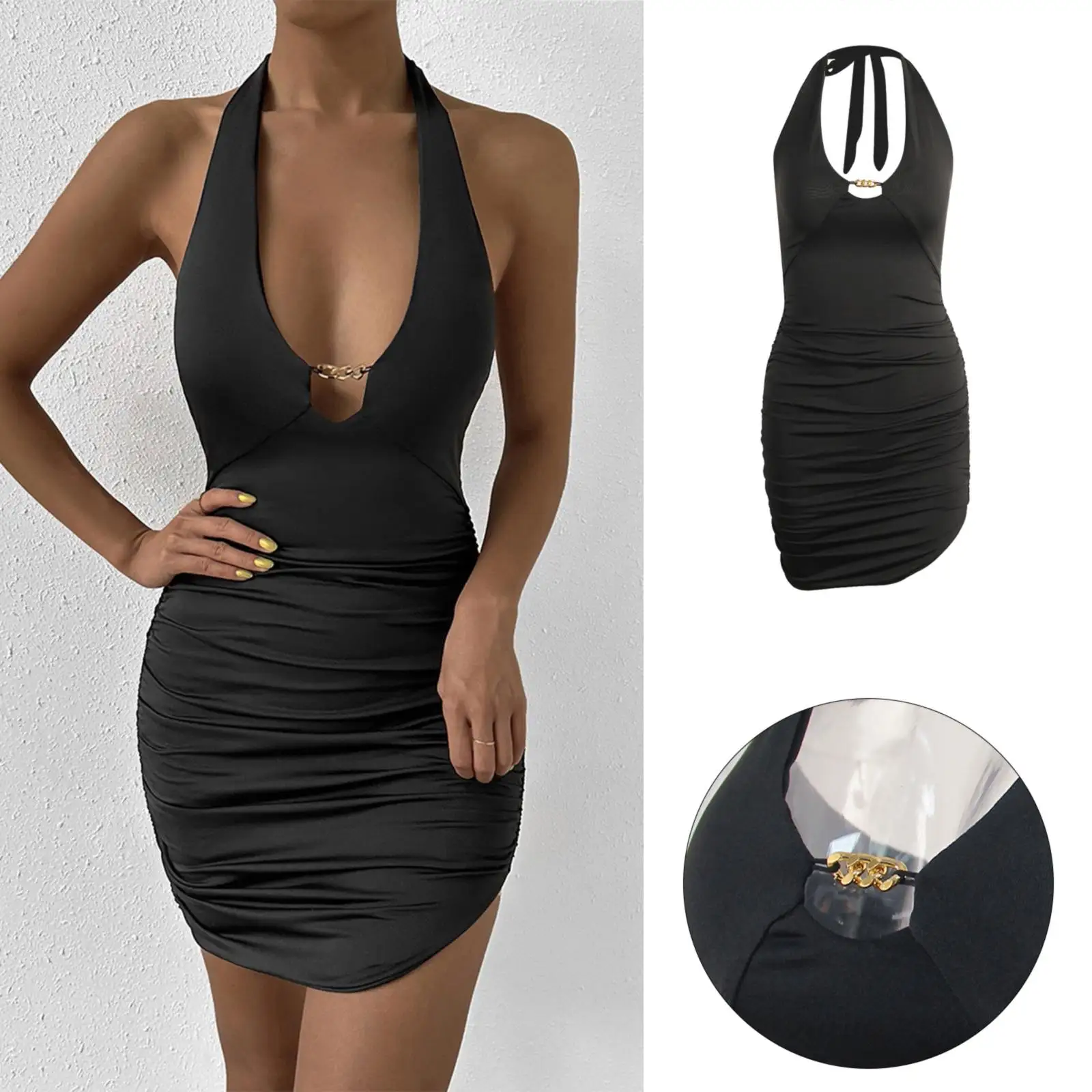 

Strap Midi Dress Sexy Dress Hanging Neck Tied Dress Europe And The United States Women's Sleeveless V Dress Women Casual Summer