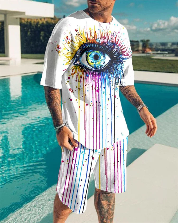 

2022 Men's 3D Printed Eye Pattern T Shirt Set Fashion Street Short Sleeve Hip Hop Patchwork Two Piece Sports Shorts Plus Size