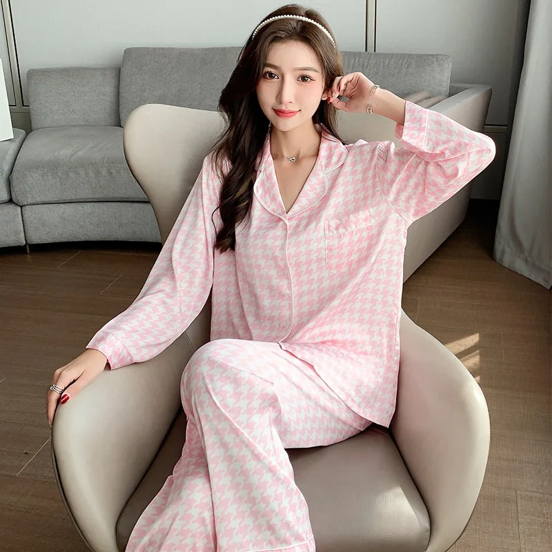 QWEEK Houndstooth Pajamas Women Silk Autumn Pijama Casual Sleepwear Bedroom Set Piece Loungewear Elegant Pyjamas Long Sleeve Pjs