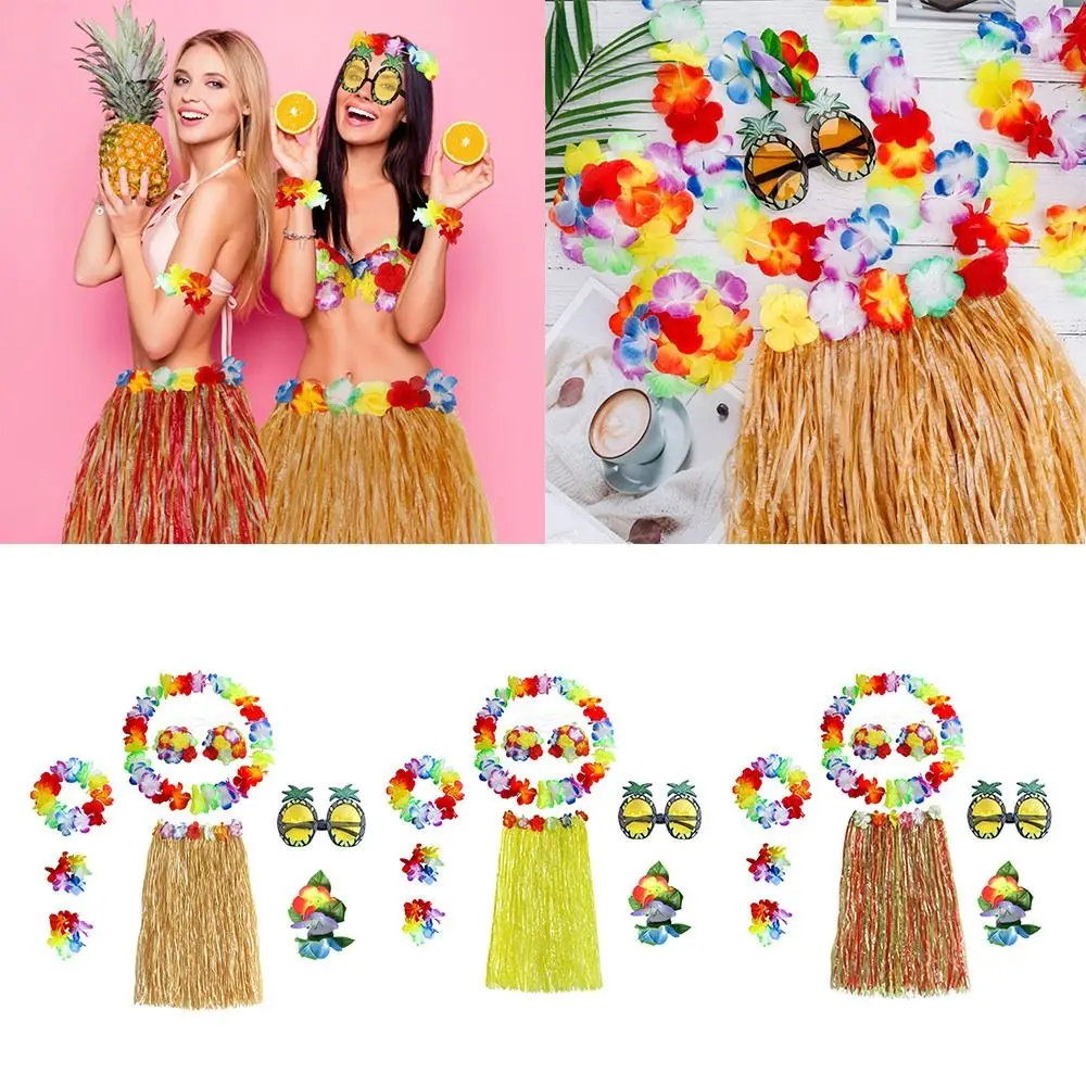 

8pcs/set 8Pcs Glasses Wristbands Necklace Garland Headband Hawaiian Hula Skirt Set Fancy Dress Costume