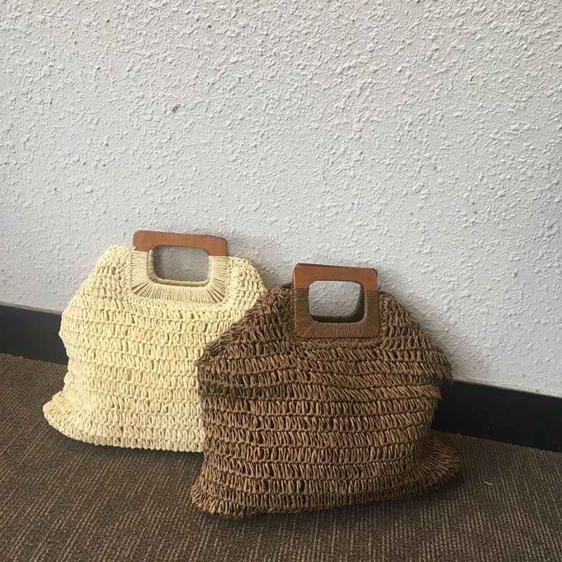 

Casual Large Capacity Tote for Women Paper Woven Wooden Handbags Summer Beach Straw Bag Lady Big Purses Travel Sac 2022 New