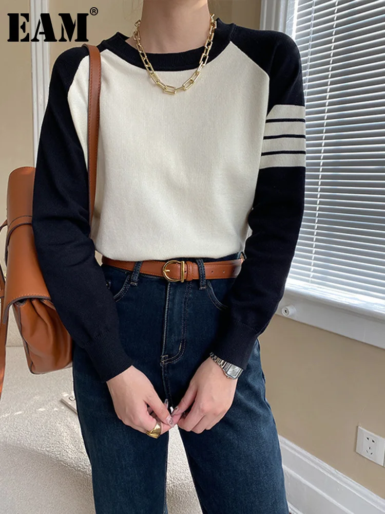 

[EAM] полосатый вязаный свитер большого размера с цветными блоками женские пуловеры с круглым вырезом и длинными рукавами модные осенне-зимн...