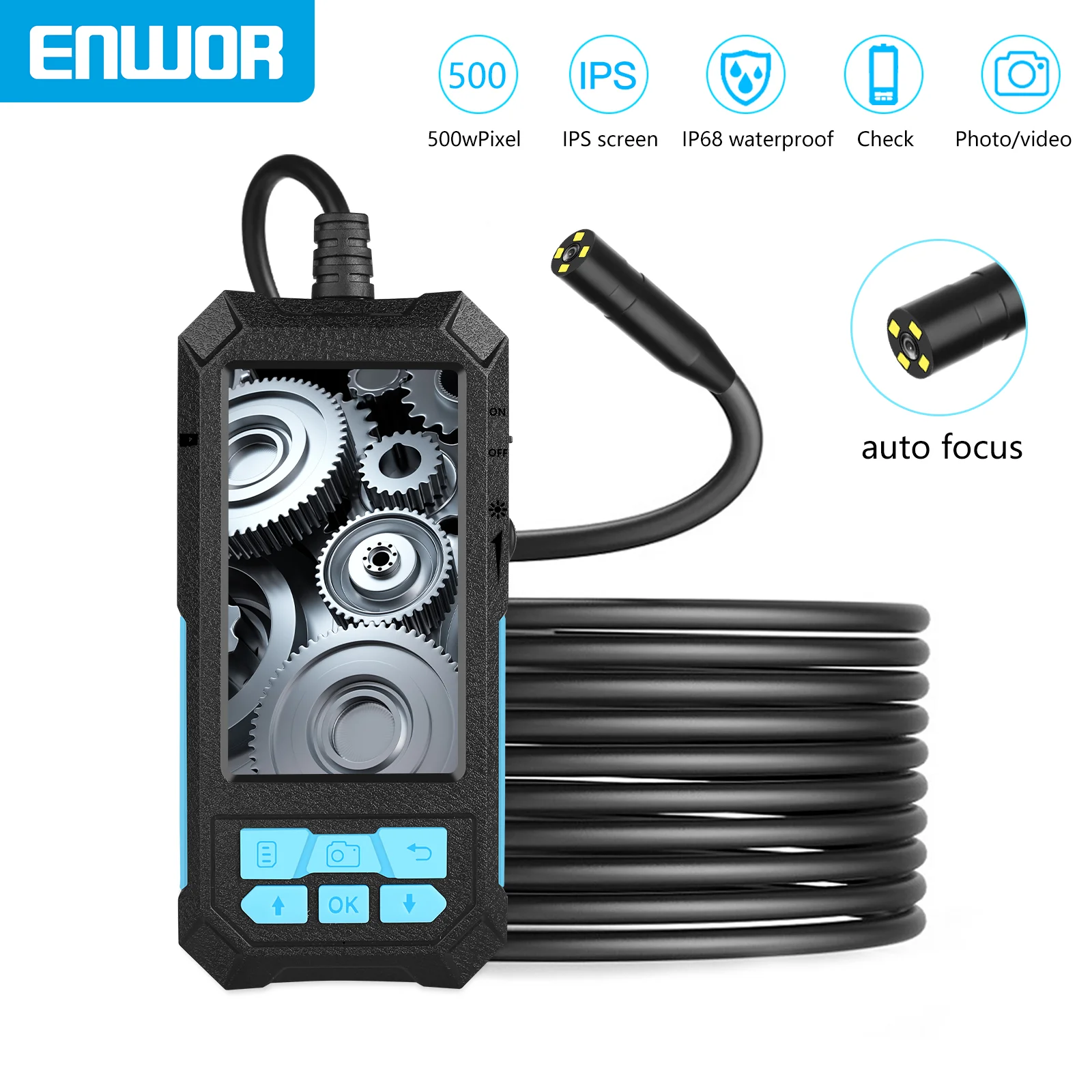 

ENWOR Auto Focus Endoscope HD1944P 5.0MP Auto Focus 4.5 Inch IPS Screen IP68 Waterproof Lens Borescope Camera with Display 2600m