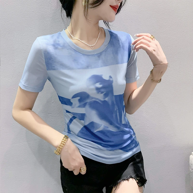 Летняя одежда Ozhouzhan новая модная футболка с принтом Женский облегающий топ