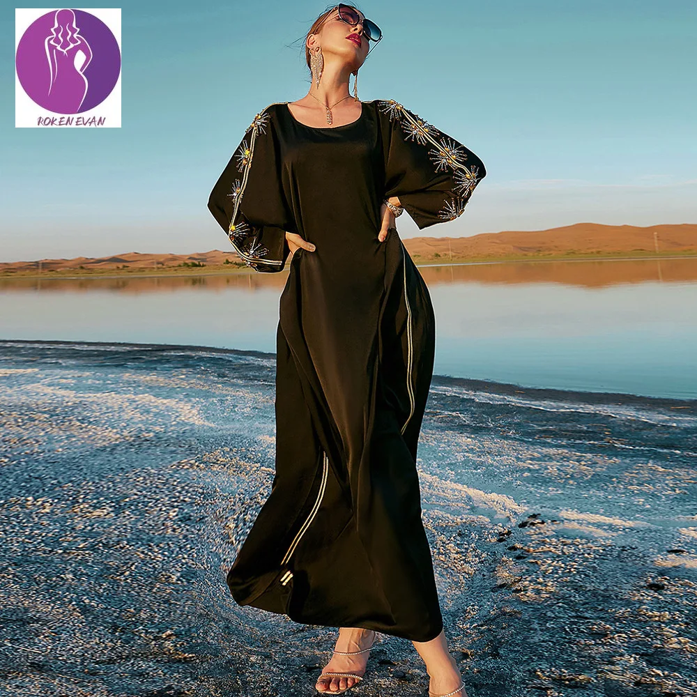 2022 женский марокканский кафтан, черное атласное платье с перекрестными краями, женская накидка ручной работы со стразами