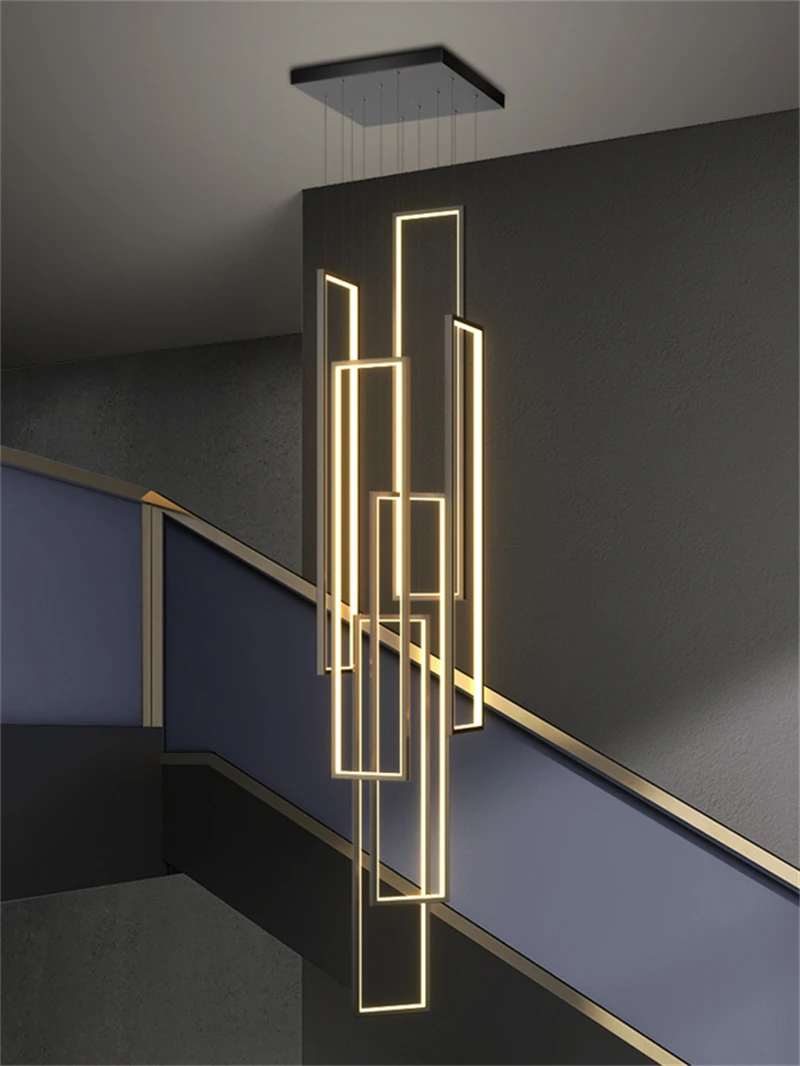 

Large Modern Chandelier For Staircase Led Home Decor Hanging Lamp Black /Gold Indoor Lighting Luxury Creative Rectangle Lustre
