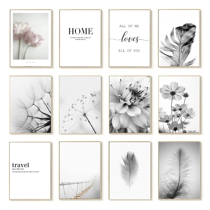

Плакаты с черно-белым цветочным принтом, свежие настенные картины с перьями и одуванчиками, холст для украшения гостиной, настенные картины