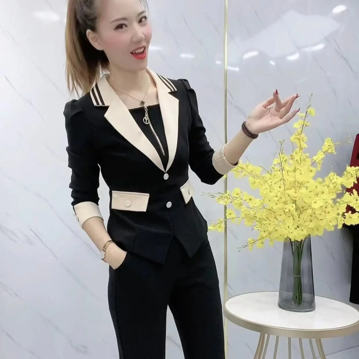 2023 Spring and Autumn New Korean Style Temperament Slim Blazer Two-piece Women's High-end Straight Trousers Set