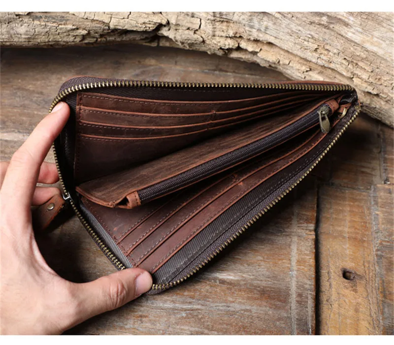 Vintage simple crazy horse cowhide men's long wallet casual natural genuine leather multi-card card holder phone clutch purse