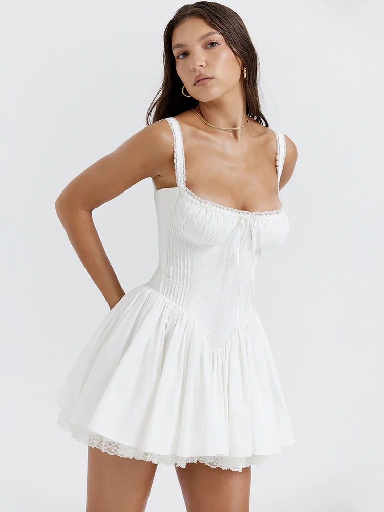 

Elegant White Prom Dress Women Fashion Lace Ruffles Summer Ruched Corset Party Backless Pleated A-Line Mini Dress