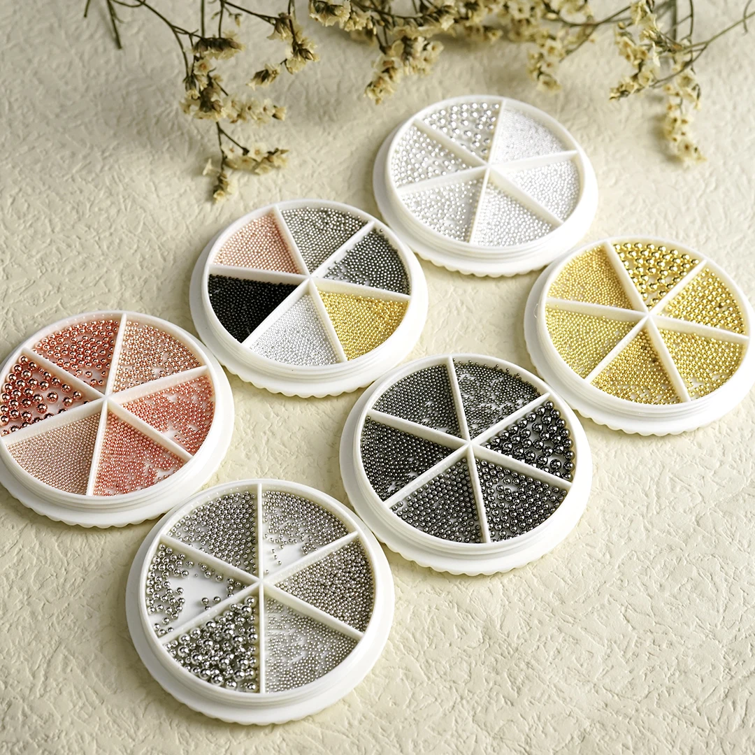 

6 ячеек, крошечные Стальные Бусины для ногтей, 0,8-3 мм, смешанный размер, 3D дизайн, розовые, золотые, серебряные части для ногтей, ювелирные изд...