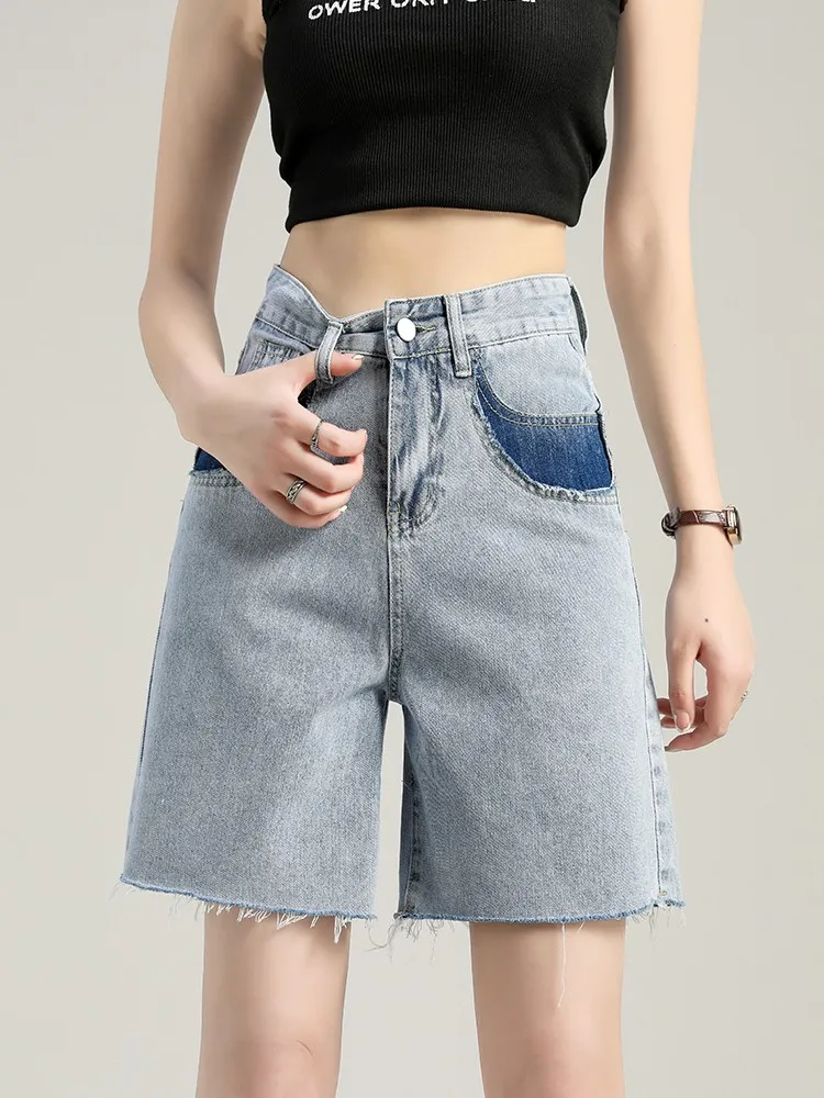 

GUUZYUVIZ Summer Raw Edge Splicing Contrast Color Denim Cropped Pants Women High Waist Shorts