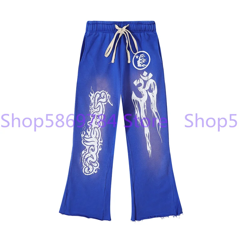 

Hellstar Blue Sports Pants High Street Paint Drop Print Logo Hand-painted Graffiti Autumn/Winter Terry Hellstar Pants