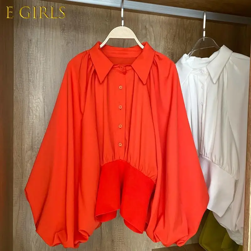E GIRLS  2021 New Lantern Long Sleeve Womens Tops Korean Elegant Slim Waist Blouses Causal Turn-down Collar Blusas Shirt