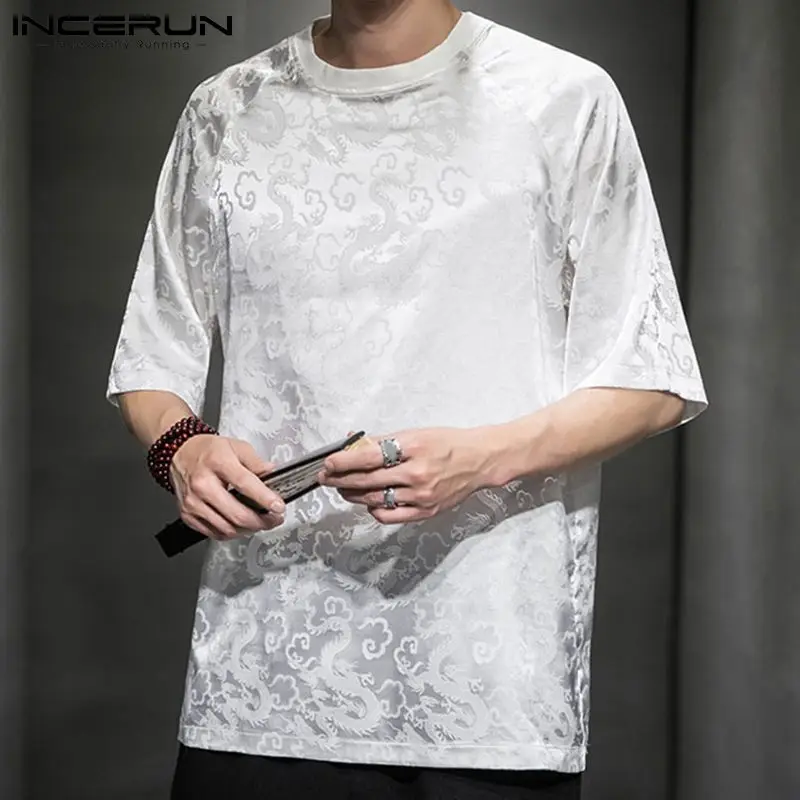 

Футболка INCERUN мужская с круглым вырезом, свободная универсальная рубашка из ледяного шелка, с принтом дракона, лето 2022