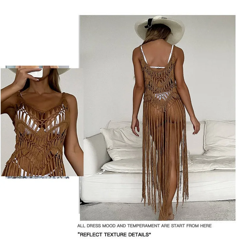 Вязаная Пляжная накидка на купальник пляжная одежда с кисточками женское платье