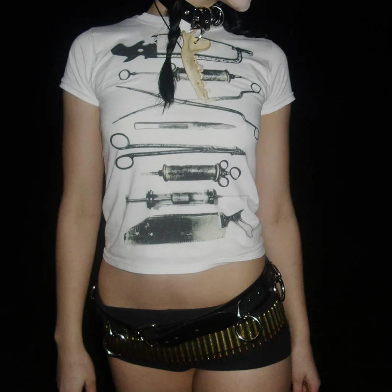 Темная укороченная футболка с принтом готические повседневные тонкие футболки