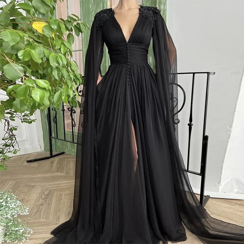 

Sexy Black Chiffon Floor Length Evening Dress V-neck Applique High Waist Prom Gown Elegant Pleats Ruching A-line Party Dress