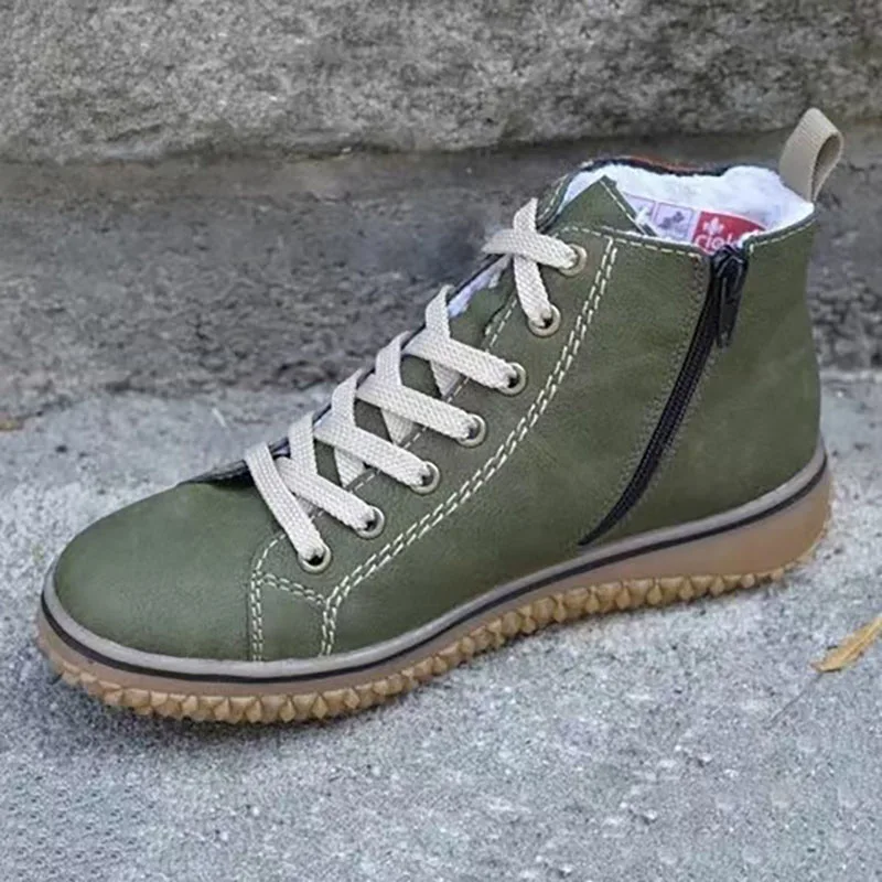 Autumn Winter Women Boots Flats Shoes For Women Casual Lace-up Warm Winter Ladies Cotton Shoes PU Leather Zapatos De Mujer