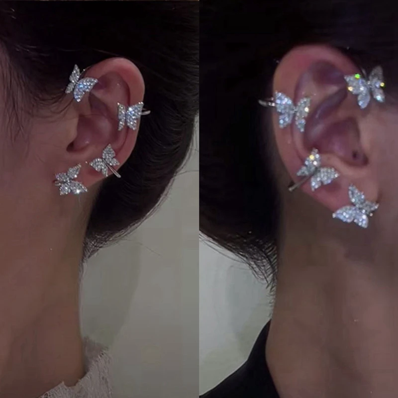 Kpop Shiny Zircon Butterfly Ear Clip Without Piercing Earrings For Women Fashion Wrap EarCuffs Earring Bride Wedding Jewelry