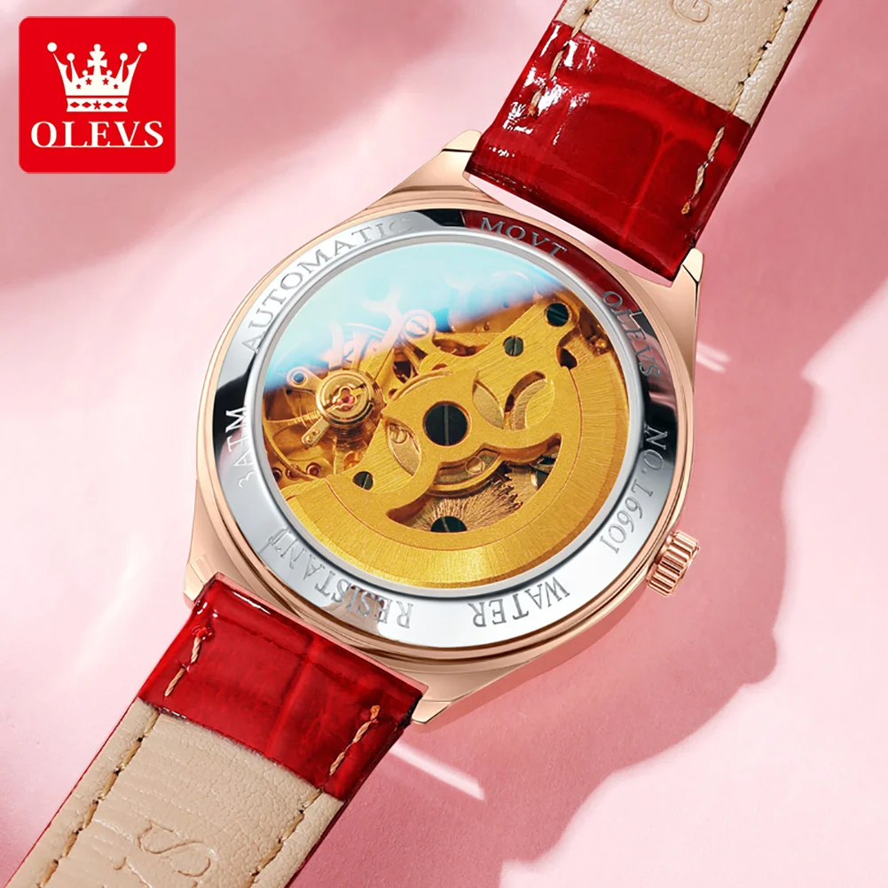 OLEVS  New Luxury Women's Skeleton Mechanical Watch Genuine Leather Strap Diamond-set Automatic Watch Gift Set for Women 2022 enlarge