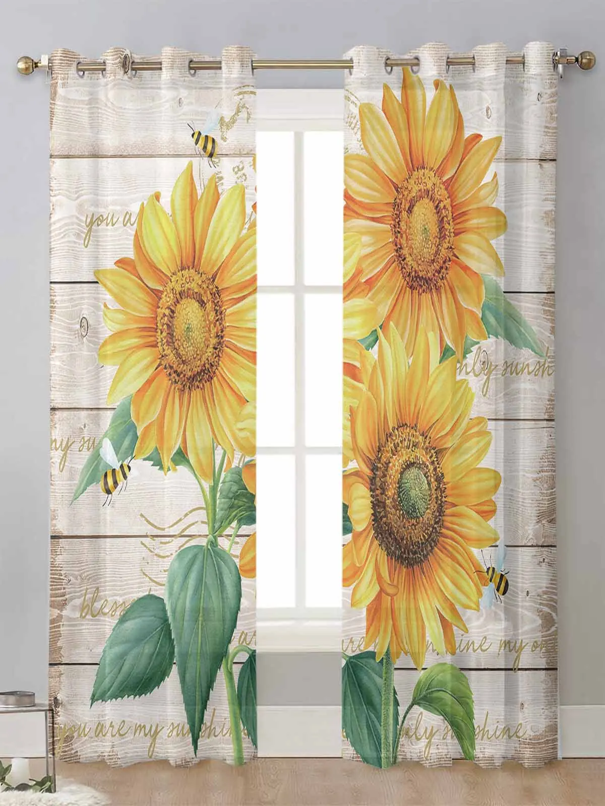 

Farm Flower Sunflower Bee Sheer Curtains For Living Room Window Transparent Voile Tulle Curtain Cortinas Drapes Home Decor
