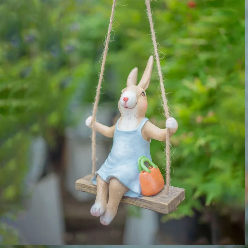 

Swing Simulation Hanging Rabbit Sculpture Resin Swing Garden Animals Hemp Rope Pendant Ornaments Courtyard Balcony Decorative